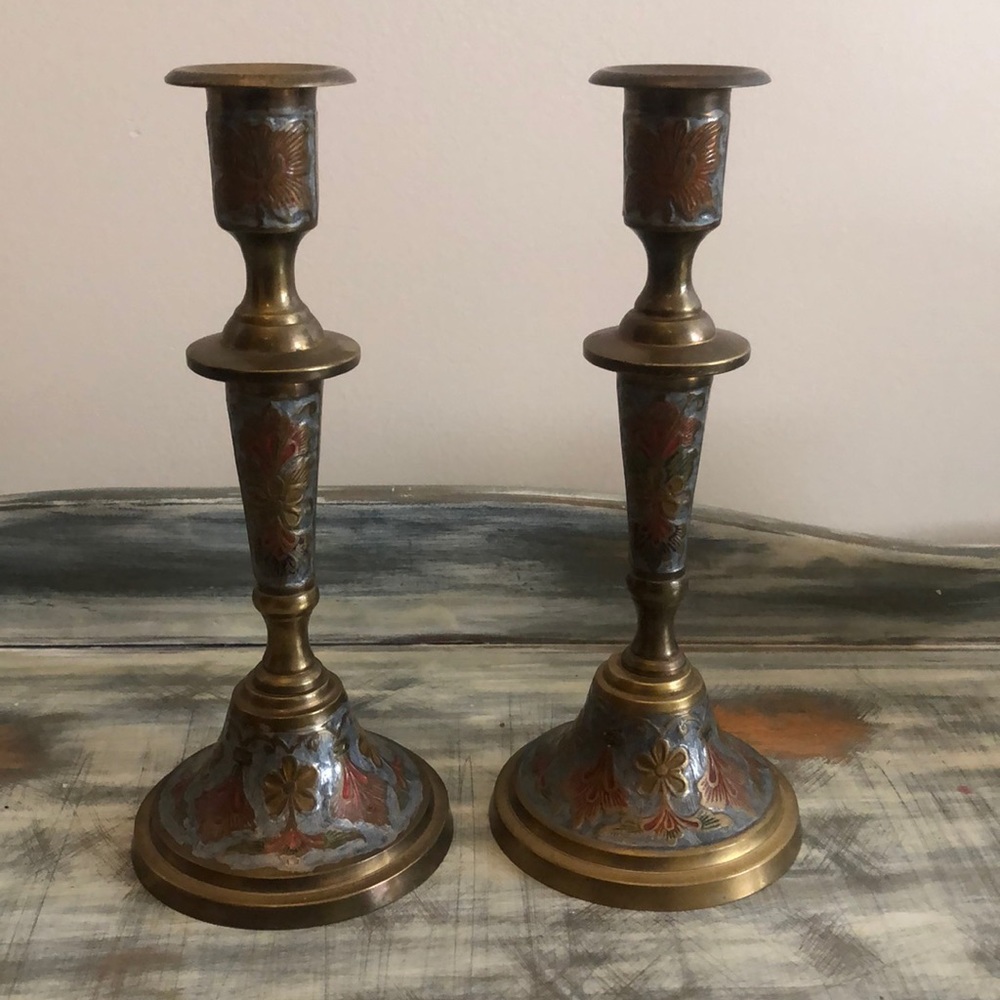 VINTAGE FLORAL ENAMEL BRASS CANDLE HOLDERS